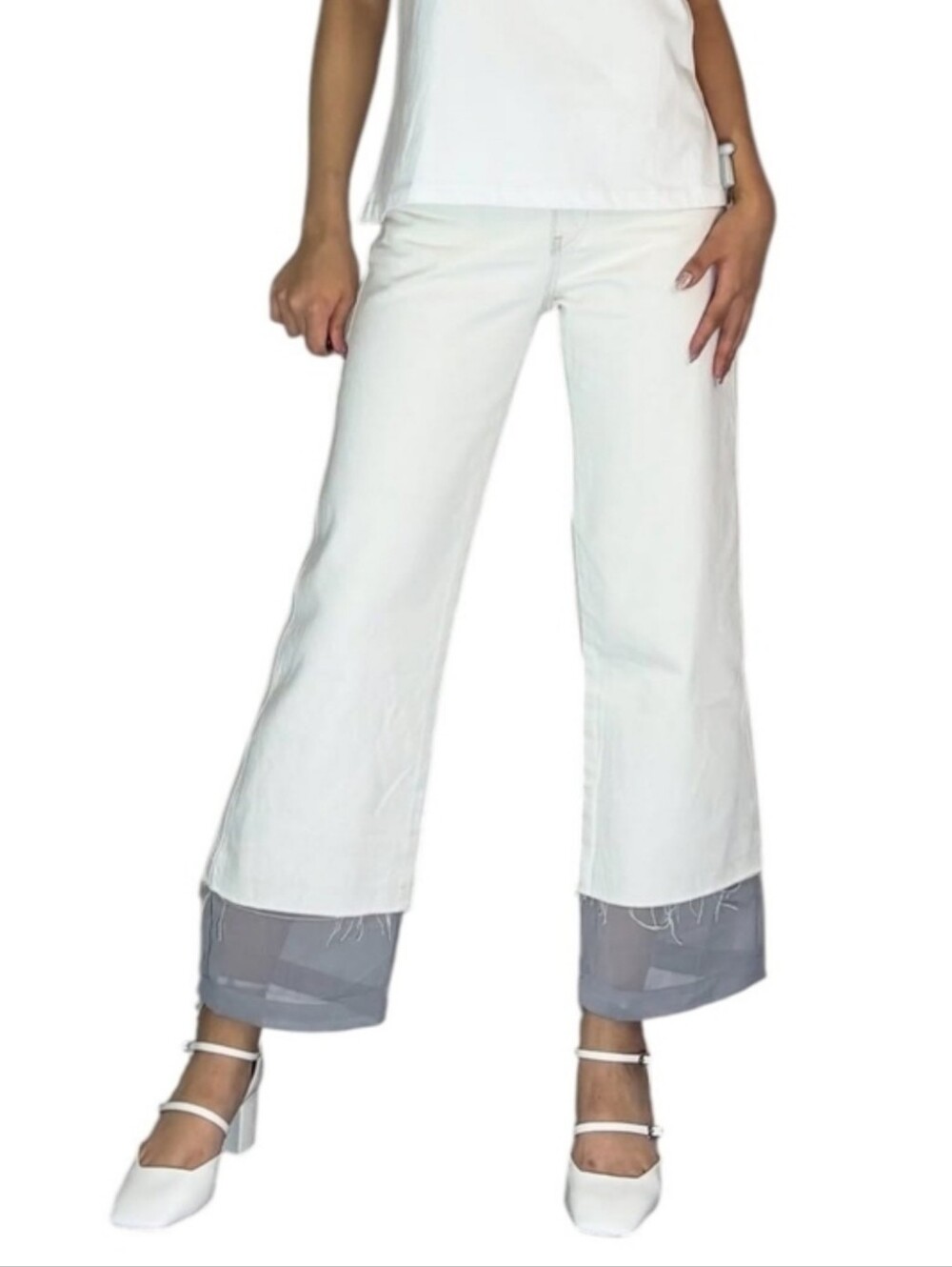 NWOT Zara Raw Hem Denim Jeans with Fabric Trim Ankle Cropped 4 Small Off White